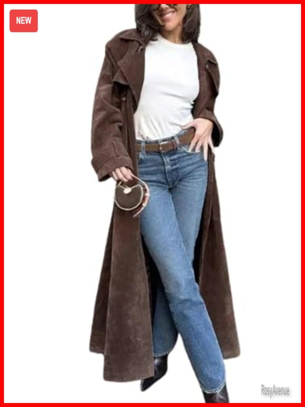 Faux Suede Long Trench Coat Notched Lapel Double Breasted Pea Coat with Belt